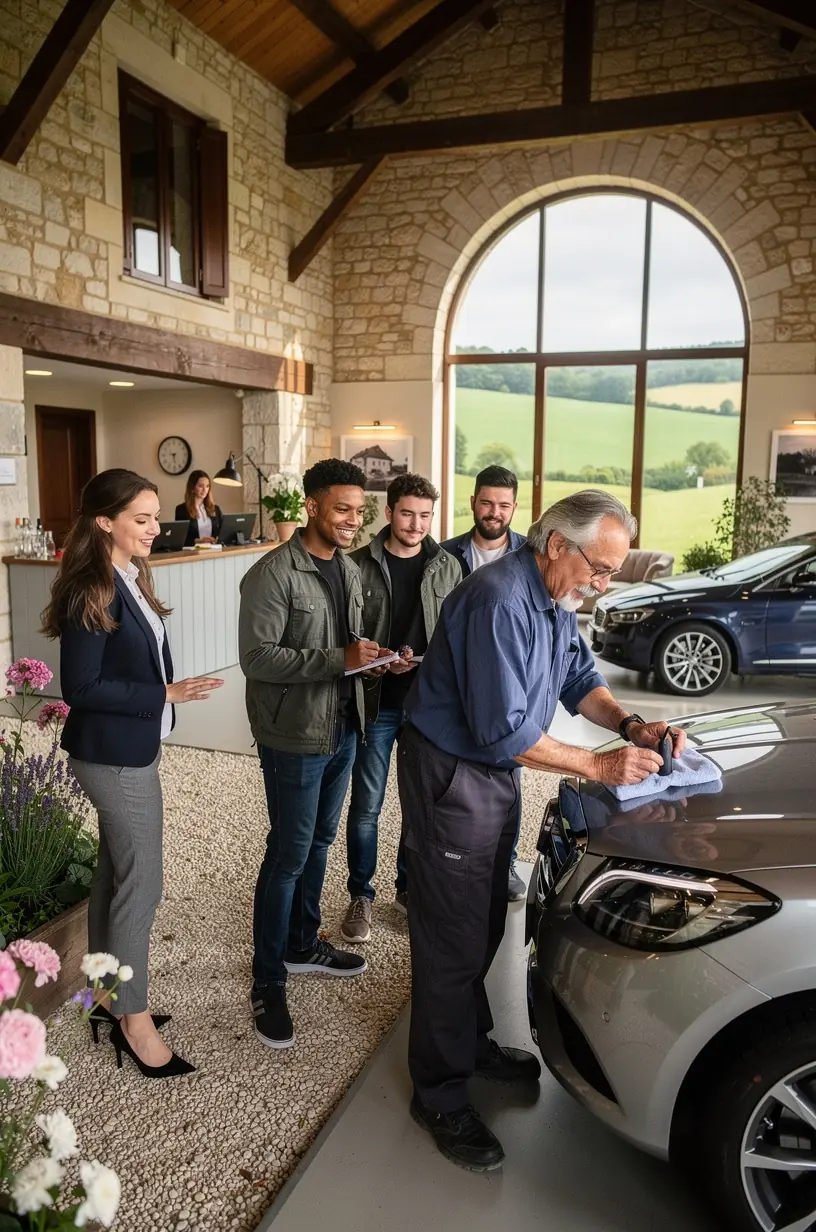 Technicien automobile expert en entretien haut de gamme inspectant un moteur de voiture de luxe dans un atelier moderne.