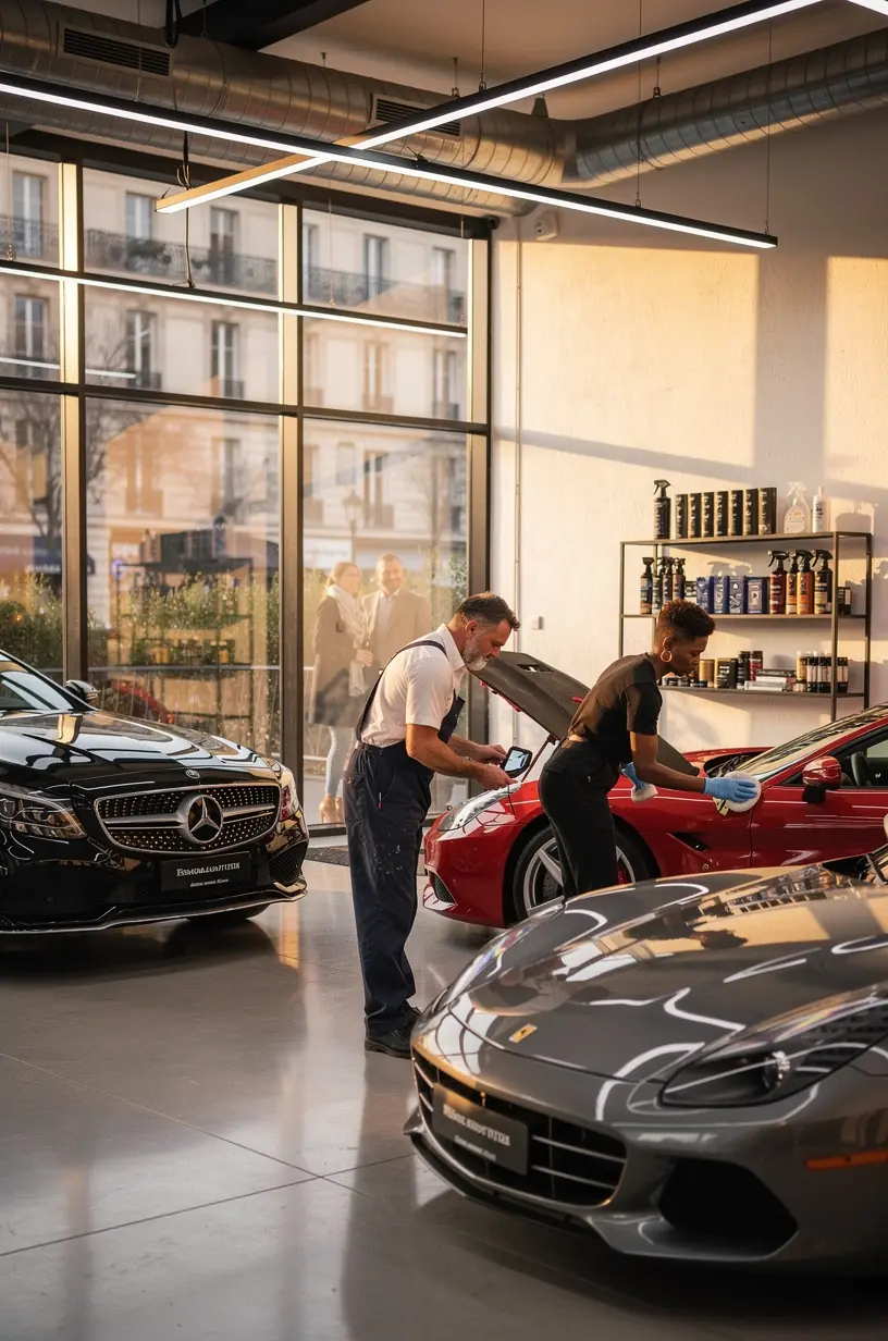 Vue rapprochée d'un professionnel appliquant un traitement de detailing précis sur la carrosserie brillante d'un véhicule premium.